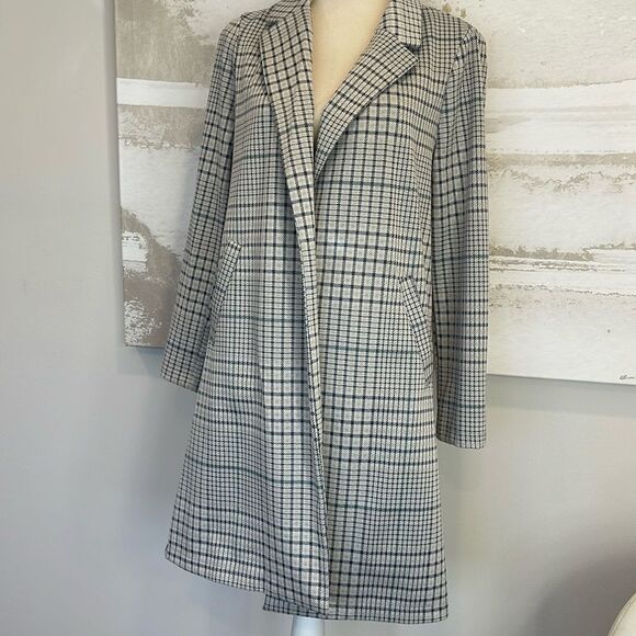 MELLODAY Jackets & Blazers - Melloday TRENCH COAT GREY BLUE PLAID SLASH POCKET OPEN FRONT
